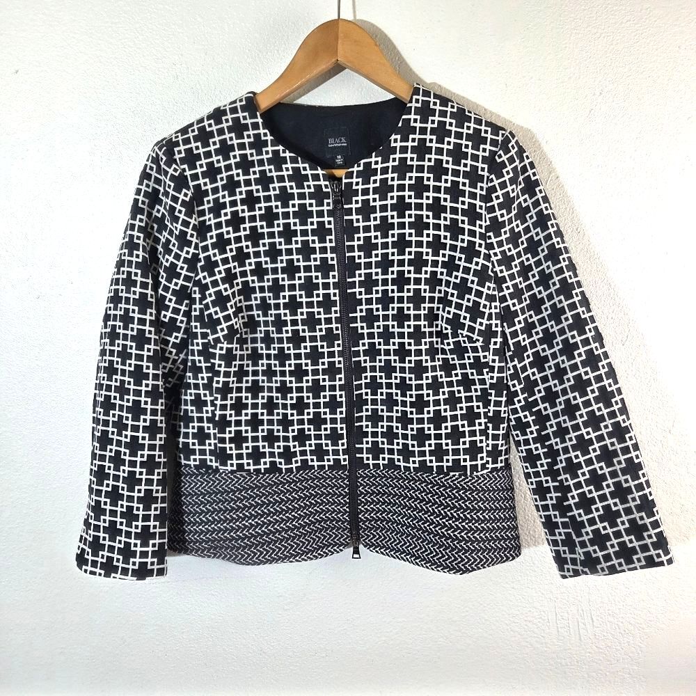 Saks Fifth Avenue Black Womens Cropped Geometric Jacket Zip Front Size 10